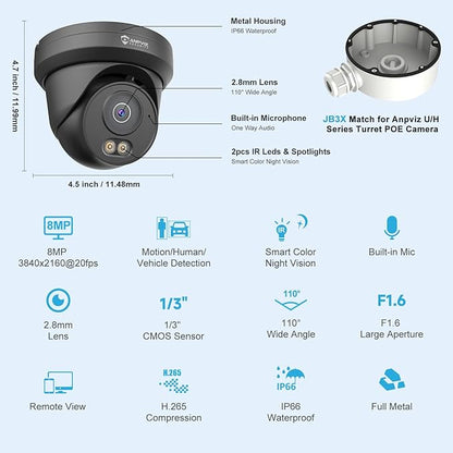 Anpviz 4K 8MP PoE Security IP Camera Outdoor Wired, AI Human Vehicle Detection, 100FT Smart Dual Light Color Night Vision, Built-in Mic, IP66 Waterproof, Black, NDAA, IPC-D3B83B-S (U Series)