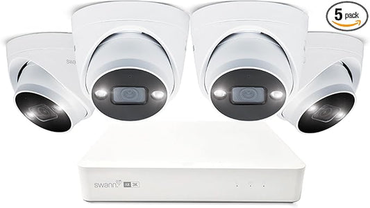 Swann AdvancedX™ Wired 5MP NVR Security System, 8 Channel, 4 Dome 3K Cameras, 1TB Storage, White, 24/7 Recording
