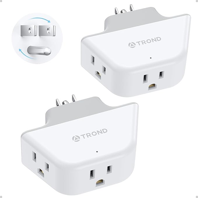 TROND 360 Rotating Plug Outlet Extender for Bathroom, 2 Pack | 3AC Wall Outlet Adapter, No Blocking with 3 Way Angled Design, Small Multiple Plug Splitter for Kitchen Cruise Ship, White