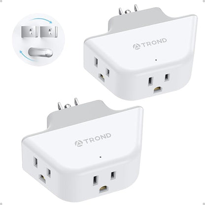 TROND 360 Rotating Plug Outlet Extender for Bathroom, 2 Pack | 3AC Wall Outlet Adapter, No Blocking with 3 Way Angled Design, Small Multiple Plug Splitter for Kitchen Cruise Ship, White