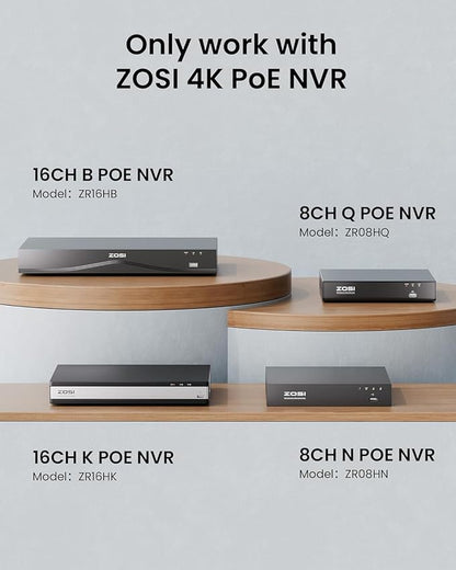 ZOSI 4K PoE Add on Security PoE Camera,8MP CCTV Weatherproof Indoor Outdoor Bullet Surveillance Camera,One-Way Audio,100ft Night Vision,Human Vehicle Detection,Only Compatible with ZOSI 4K POE NVRs