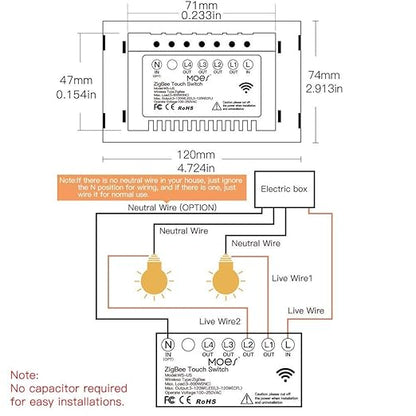 MOES ZigBee Smart Touch Wall Light Switch,Requires Tuya ZigBee Hub,No Neutral Wire/N+L Wiring,No Capacitor,Smart Life Tuya 2/3 Way Remote Control, Work with Alexa Google Home, 2MQTT,1 Gang White