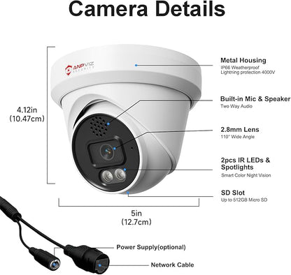 Anpviz UltraHD 4K IP Turret PoE Camera Outdoor, Two Way Audio Security Camera, Smart Dual Light Color Night Vision & AI Human Motion Detection, MicroSD Recording (512GB), Full Metal IP66, NDAA