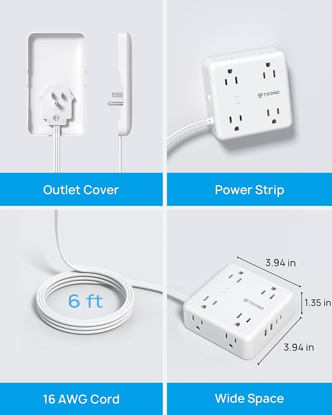 TROND 6FT Outlet Cover Extension Cord with 8 Outlet and 4 USB Ports | Flat Power Strip Cord Concealer, 2 USB A & 2 USB C, 1700 Surge Protector, Idea for Home Improvement to Hide TV Messy Cord