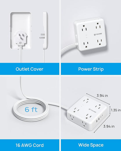 TROND 6FT Outlet Cover Extension Cord with 8 Outlet and 4 USB Ports | Flat Power Strip Cord Concealer, 2 USB A & 2 USB C, 1700 Surge Protector, Idea for Home Improvement to Hide TV Messy Cord