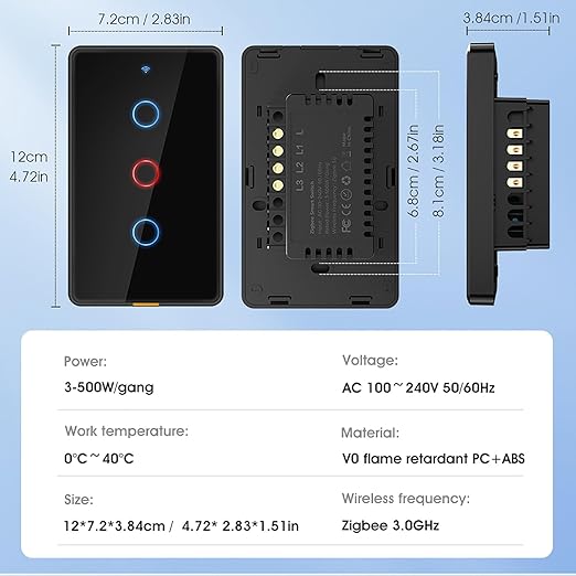 Zigbee Smart Touch Wall Light Switch, Requires ZigBee Hub, No Neutral Wire, No Capacitor, 3 Gang Single Live Wire Light Switch, Work with Alexa Google Assistant, Support Tuya Smart Life, White