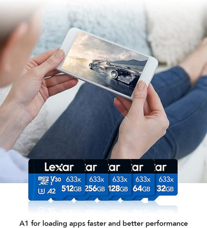 Lexar High-Performance 633x 64GB microSDXC UHS-I Card w/ SD Adapter, C10, U3, V30, A1, Full-HD & 4K Video, Up To 100MB/s Read, for Smartphones, Tablets, and Action Cameras (LSDMI64GBBNL633A)