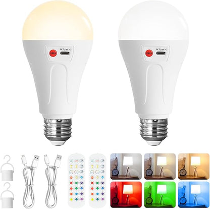 E26 Rechargeable Light Bulbs with Remote, 2 Pack A21 Wireless 2000mAh Battery Operated LED Light Bulbs for Lamp, 3 Color Temperatures Dimmable Color Changing Bulb for Outdoor Use
