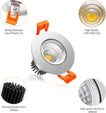 2Inch LED Recessed Ceiling Light, 3W Dimmable LED Downlight, 60 Beam Angle COB Recessed Lights with Driver, Warm White 3000K-3500K, 25W Halogen Bulbs Equivalent for Ceiling Lighting, Silver 1Pack