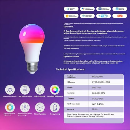 Smart LED Light Bulb, E27, WiFi, Color Changing 2700K-6500K, Compatible with Alexa, Google Home, Apple Home, SmartThings