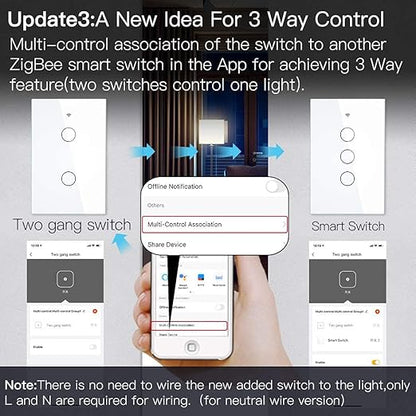 MOES ZigBee Smart Touch Wall Light Switch,Requires Tuya ZigBee Hub,No Neutral Wire/N+L Wiring,No Capacitor,Smart Life Tuya 2/3 Way Remote Control, Work with Alexa Google Home, 2MQTT,2 Gang White