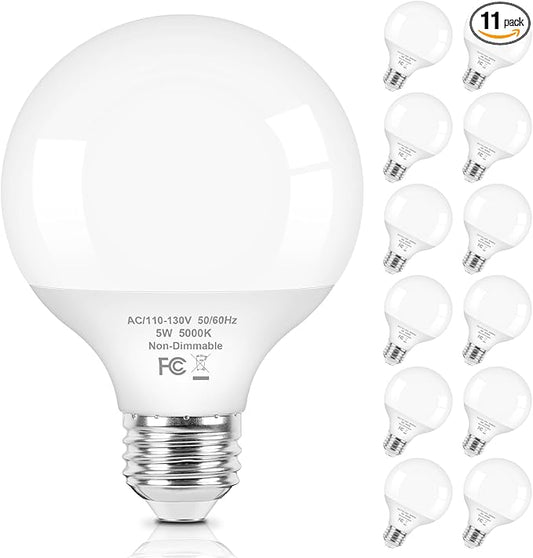 Brightever G25 LED Light Bulbs, 5W Vanity Light Bulbs for Bathroom, 60W Equivalent 5000K Daylight White Round Light Bulb, E26 Base, 600LM, Globe Light Bulbs Non-Dimmable, 12-Pack