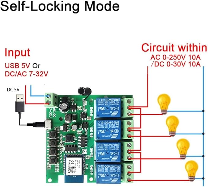 Tuya 4 Channel Updated USB 5V/DC/AC 7-32V, Momentary Inching Self-Locking Relay Module,Tuya App Remote Control,WiFi RF Bluetooth Switch Module,Dry Contact,Compatible with Alexa Goolge Home