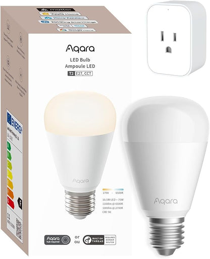 Aqara Thread/Zigbee Smart LED Light Bulb T2 E26 with Smart Plug,Tunable White (2700K-6500K),75W Equivalent,Matter, Works with HomeKit,Alexa,Google Home