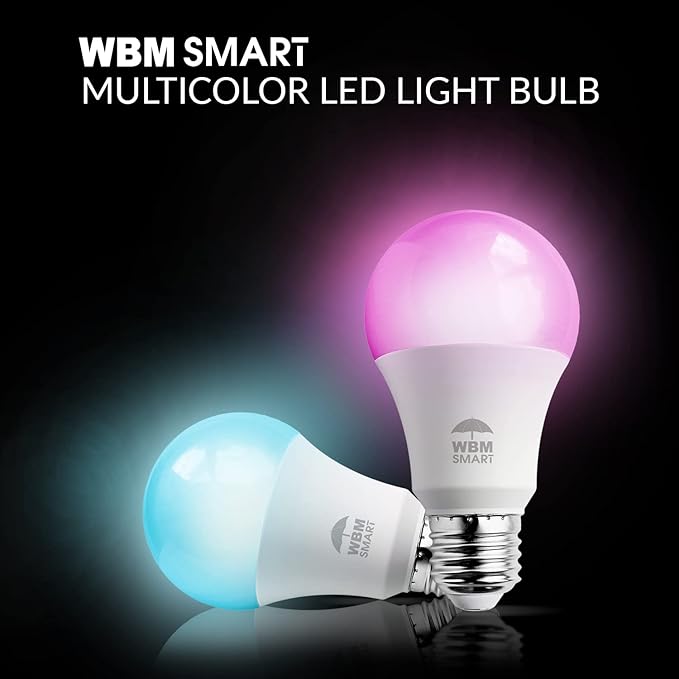 WBM SMART LED Color Changing Lights, Compatible with Alexa & Google Assistant, RGBW 2700K-6500K, 60 Watt Equivalent Multicolor, Dimmable with App, A19 E26, No Hub Required, 2.4GHz WiFi Only, 4 Counts
