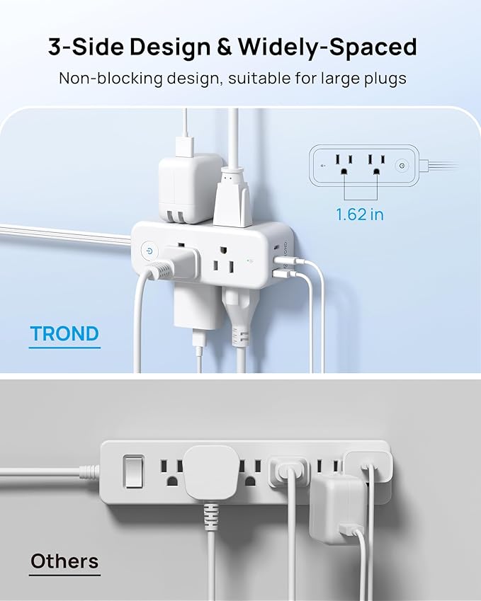 TROND Power Strip with 360 Rotating Plug, 10ft Flat Extension Cord with 2 USB C and 1 USB A, 6 Widely Spaced Outlets, 1440J Surge Protector, Surge Protector Power Strip for Home Travel Office, White