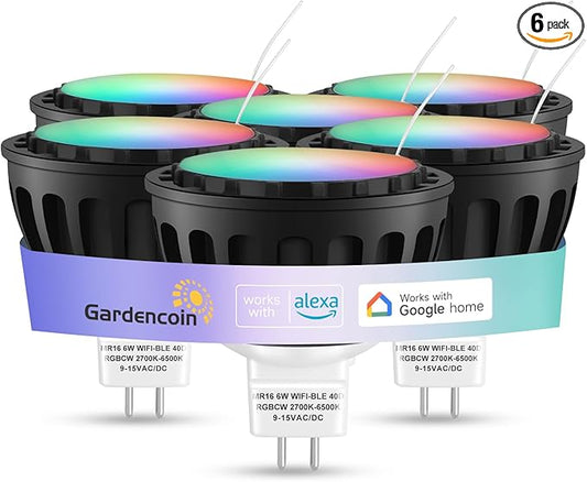 Gardencoin MR16 LED Bulb Color Changing, RGBCW Smart GU5.3 LED Bulbs Dimmable, 6W 12V Bi-Pin Base, Spotlight Bulbs Replacement for Halloween & Christmas Outdoor, WiFi Bluetooth Control (6 Pack)