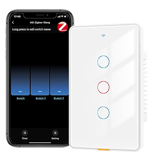 Zigbee Smart Touch Wall Light Switch, Requires ZigBee Hub, No Neutral Wire, No Capacitor, 3 Gang Single Live Wire Light Switch, Work with Alexa Google Assistant, Support Tuya Smart Life, White