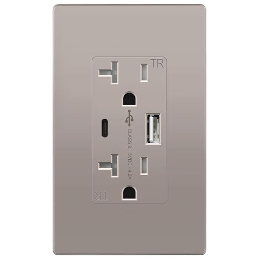 TOPGREENER 2-Port USB Outlet, 4.2A Type C USB Wall Outlet, Nickel, 1 Pack | UL Listed, 20 Amp TR Receptacle Plug, USB Receptacle, Charging Power Outlet with USB C & A Ports, Wall Plate Included