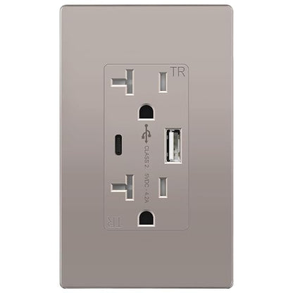 TOPGREENER 2-Port USB Outlet, 4.2A Type C USB Wall Outlet, Nickel, 1 Pack | UL Listed, 20 Amp TR Receptacle Plug, USB Receptacle, Charging Power Outlet with USB C & A Ports, Wall Plate Included