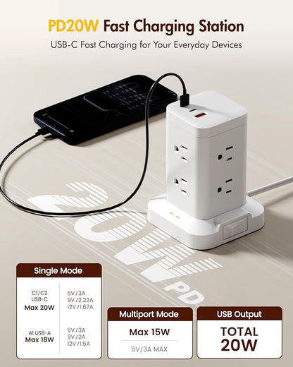 2Pack Power Strip Tower with Surge Protector 1800J, Fast Charging Tower PD20W USB-C Ports with 8 AC Outlets, 10ft Extension Cord for Home Office Dorm Room, White