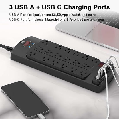 Yintar 10Ft Surge Protector Power Strip with 18 Outlets and 4 USB Ports | 10 Feet Flat Plug Heavy Duty Extension Cord with Multiple Outlets for Home, Office, Dorm Essentials, 2100 Joules, ETL, Black