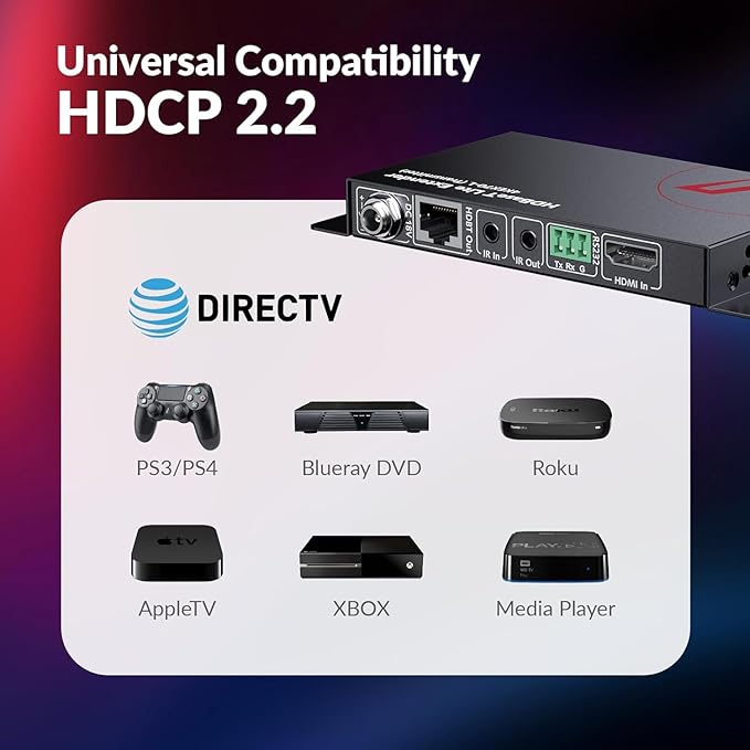 AV Access HDBaseT HDMI Extender Over Cat6a/7, 4K@60Hz 130ft / 1080P 230ft, Bi-Directional PoE, IR & RS232 Pass-Through, CEC, for Home Theater, Conference Room, Control System (4KEX70-L)