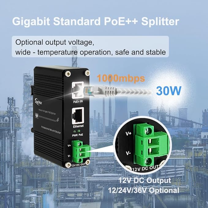 Htfoevrxs Industrial Hardened Gigabit 30W PoE+ Splitter IEEE802.3at/af 12V DC Output DIN- Rail Wall Mount Power Supply for Security Cameras, Access Control Systems