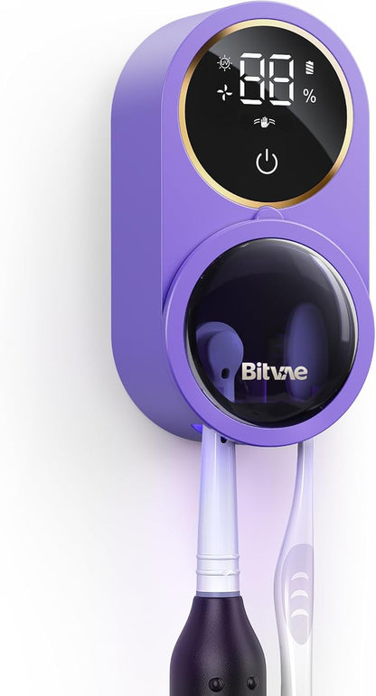Bitvae Tooth Brush Holder for Bathroom Infrared Sensing | Toothbrush Cleaner, Wall-Mounted for Any Size Toothbrushes, Air Drying, LED Smart Screen, Purple