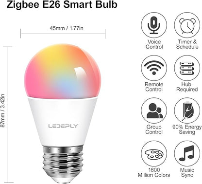 Zigbee A15 Smart Bulbs, Hub Required (Compatible with Hue*, Alexa, Google & ConBee), E26, 5W=40W,400LM Color Changing, Dimmable WiFi Light Bulbs, 2Pack