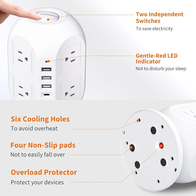 Tower Surge Protector Power Strip 10 ft with 8 Outlets 4 USB Ports(1 USB C), Flat Plug Extension Cord with Multiple Outlets Charging Station for Home Office Dorm, White