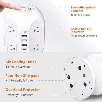 Tower Surge Protector Power Strip 10 ft with 8 Outlets 4 USB Ports(1 USB C), Flat Plug Extension Cord with Multiple Outlets Charging Station for Home Office Dorm, White