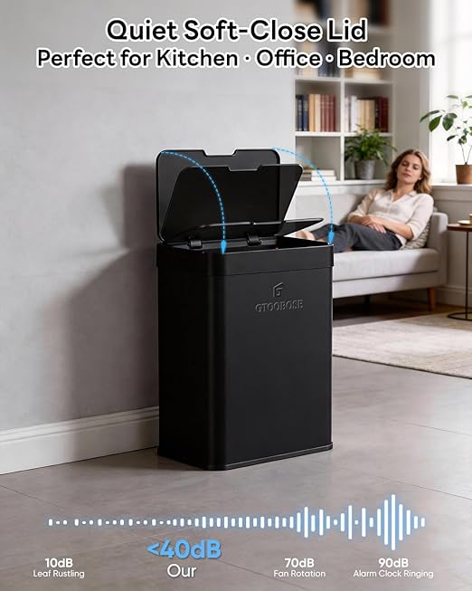 13 Gallon / 50L Touchless Automatic Trash Can, Slim Motion Sensor Kitchen Garbage Can, Stainless Steel, Soft Close Lid, Fingerprint Resistant, Hands-Free, Odor Control, Black