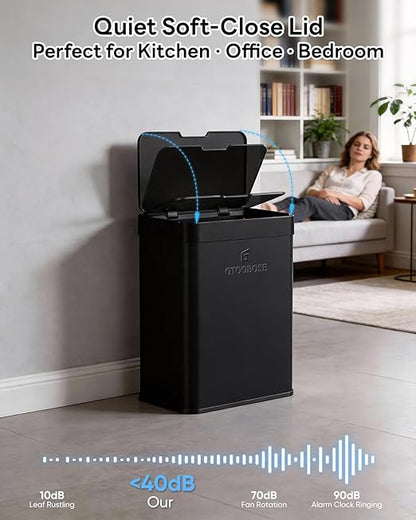 13 Gallon / 50L Touchless Automatic Trash Can, Slim Motion Sensor Kitchen Garbage Can, Stainless Steel, Soft Close Lid, Fingerprint Resistant, Hands-Free, Odor Control, Black