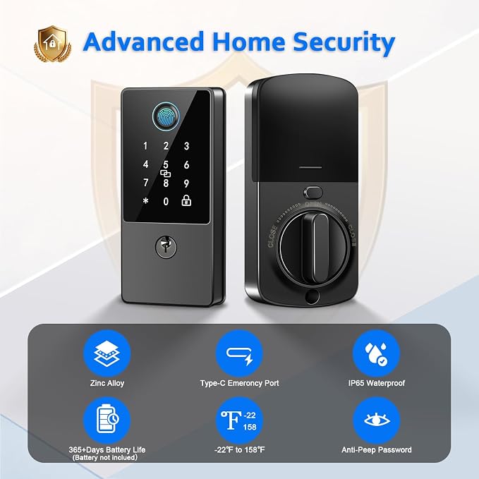 Smart Door Lock Deadbolt, Keyless Entry Door Lock with Fingerprint & Keypad,App Control,Auto Lock,Secure Electronic Digital Lock for Front Door Home Apartment Rental,Easy Installation,Matte Black