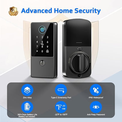 Smart Door Lock Deadbolt, Keyless Entry Door Lock with Fingerprint & Keypad,App Control,Auto Lock,Secure Electronic Digital Lock for Front Door Home Apartment Rental,Easy Installation,Matte Black