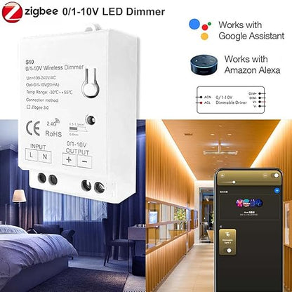 Zigbee 3.0 0/1-10V LED Dimming Controller Timing Auto Switch Functions. Compatible with Tuya Zigbee 3.0 Hub, SmartThings, Echo Plus, and Z2mqtt. Home Assistant for 0-10V / 1-10V dimmable LED Drivers