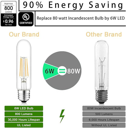 5 Inch Edison Bulb, 5000K Daylight White E26 Led Bulb 6W Dimmable, 800LM T10 T9 Bulb Clear Glass Tubular Light Bulbs, AC 120V Equal 80 Watt Bulbs for Chandelier Pendant Wall Light - 6Pack