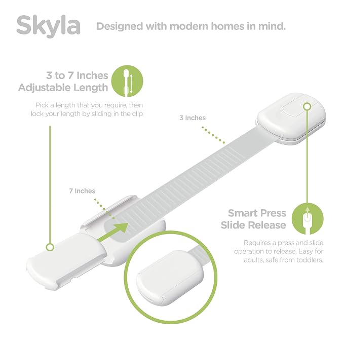 SKYLA HOMES Child Safety Cabinet Locks, White, 8 Pack | ABS and TPE adhesive latches for cabinets, drawers, ovens and toilet seats; no screws or magnets needed