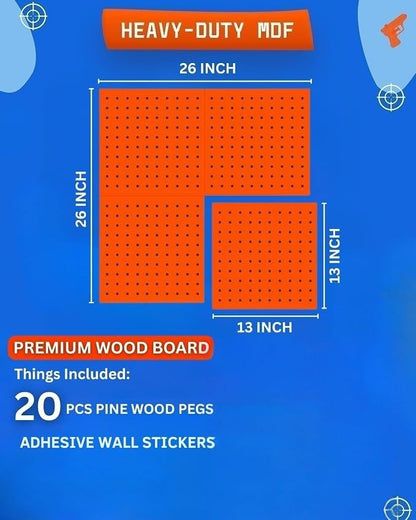 Wooden Peg Board for Nerf Gun Storage Organizer 13 x 13 x 0.31 in - Orange | 4 MDF Panels, 20 Wooden Pegs, Compatible with All Blasters Nerf Gun Rack Organizer for Wall Organization