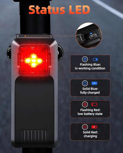 WSDCAM Smart Bike Tail Light Alarm Bike Brake Light Auto ON/Off Anti Theft Bike Alarm with Remote Waterproof Bicycle Alarm Rear Bike Light Bicycle Tail Light LED Rechargeable