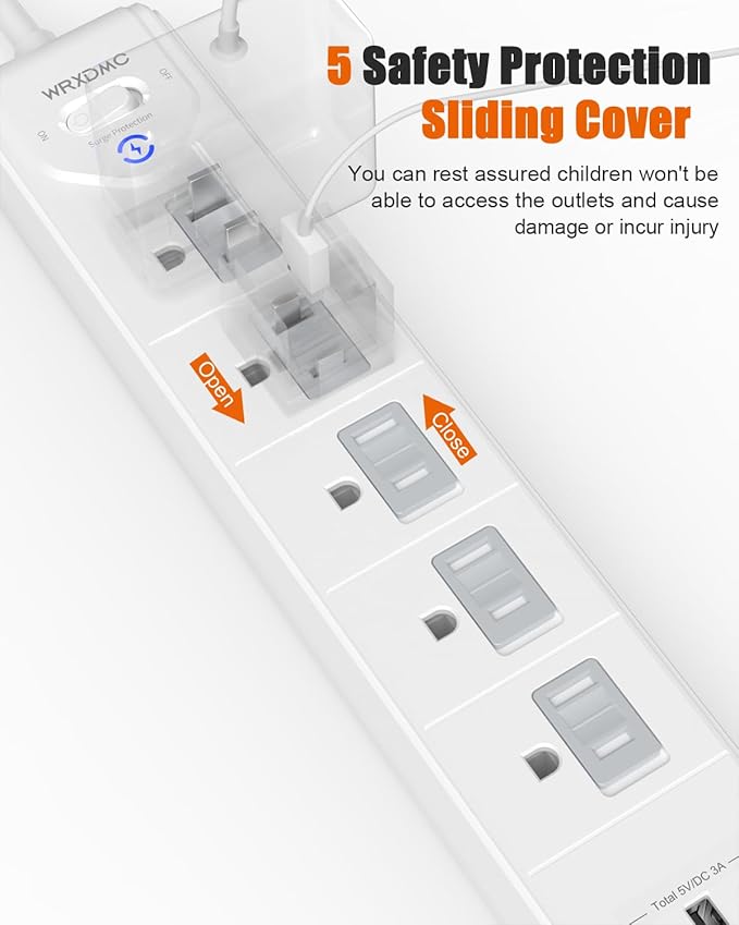 WRXDMC 2 Prong Power Strip, 2 Prong to 3 Prong Outlet Adapter, 15ft Extension Cord with Polarized Plug, 1680J Surge Protector, 5 AC Outlets & 3 USB, Wall Mountable, Ideal for Non-Grounded Outlets