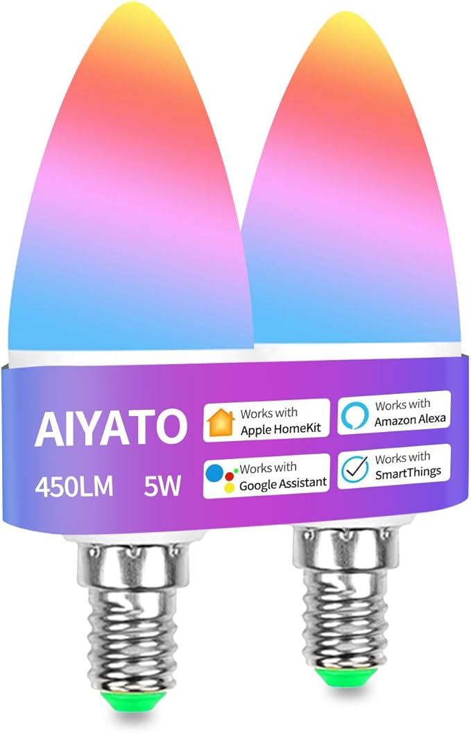 E12 Smart LED Light Bulb, Dimmable Candelabra Light Work with HomeKit, Alexa, Google Home 6W (60W Equiv.) RGBCW 16 Million Color Changing Chandelier Candle Bulb (White)