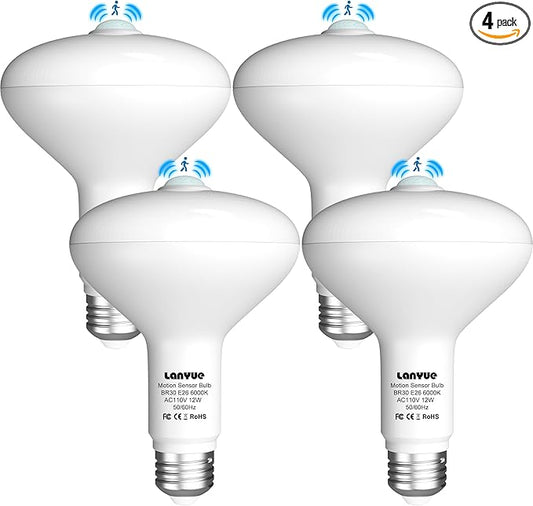 Motion Sensor Light Bulbs, Dusk to Dawn Motion Activated Security Lights, 12W BR30 Motion Detector Led Bulb, 100 Watt Equivalent, E26 6000K Daylight, Suitable for Indoor/Outdoor, (4 Pack)