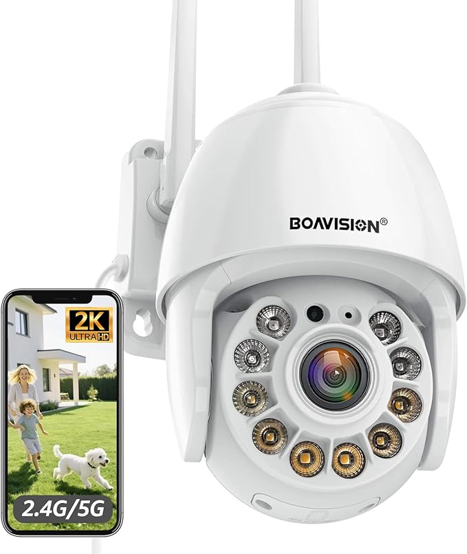 BOAVISION 2K Security Camera Outdoor, Wireless WiFi IP Camera Home Security System 360° View,Motion Detection, auto Tracking,Two Way Talk, pan Tile Full Color Night Vision 5G/2.4G WiFi