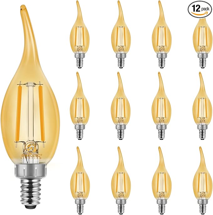 Energetic CA11 E12 LED Chandelier Light Bulbs 40W Equivalent, Dimmable LED Candelabra Bulbs, 2200K Amber White, 330LM, Amber Glass, 12 Pack