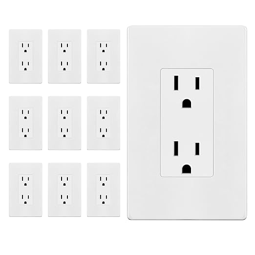 ENERLITES 10 Pack Decorator Outlet 15A Receptacle with Screwless Wall Plate | Self-Grounding, UL Listed, Standard Residential Electrical Outlets for Home, Non-Tamper Resistant, 5-15R, 125V, Glossy White
