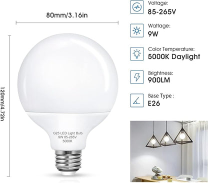 Flaspar G25 LED Vanity Light Bulbs, 100W LED Globe Bulb Equivalent, 9W Vanity Bulbs for Bathroom, 5000K Daylight White 900LM, E26 Base Round Makeup Mirror Bathroom Lights Bulb Décor Lighting, 4 Pack