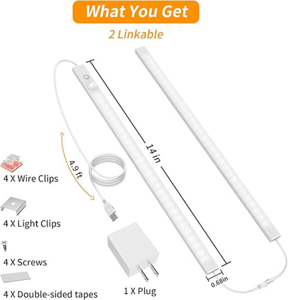 14" Slim USB Plug-in LED Motion Sensor Light Indoor, Bright & Dimmable Under Cabinet Light - 3 Modes (ON/Night/Day) for Kitchen, Cabinet, Closet - 6000K Cool White, 1 Pack (2 Linkable)