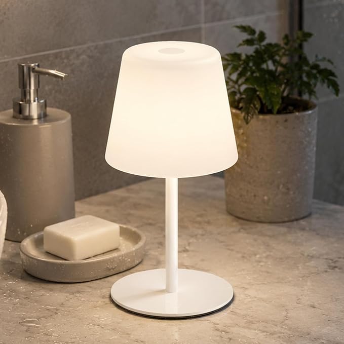 IP65 Waterproof Shower Lamp, Cordless Rechargeable Table Lamp, White | 4000mAh Battery Operated Lamp, Spa-Like Glow for Showers, Vanity, Bedside and Patios; 3 Color Temperatures, Touch Dimming